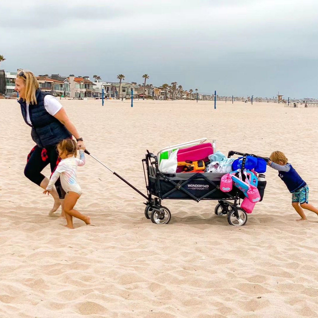 mom pulling a wagon on the beach with kids