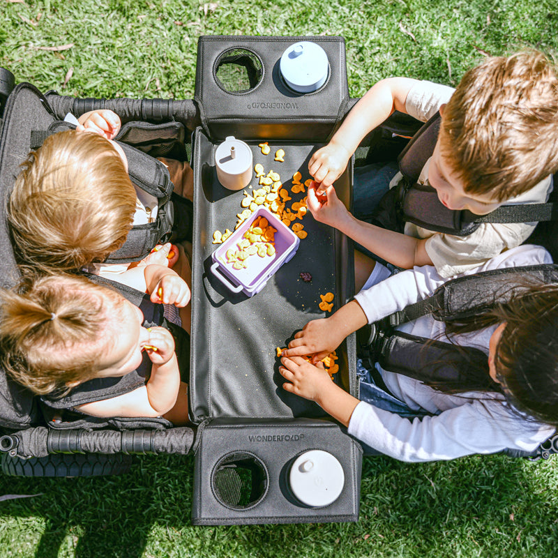 Flex snack tray table with side convertible 4 cup holders